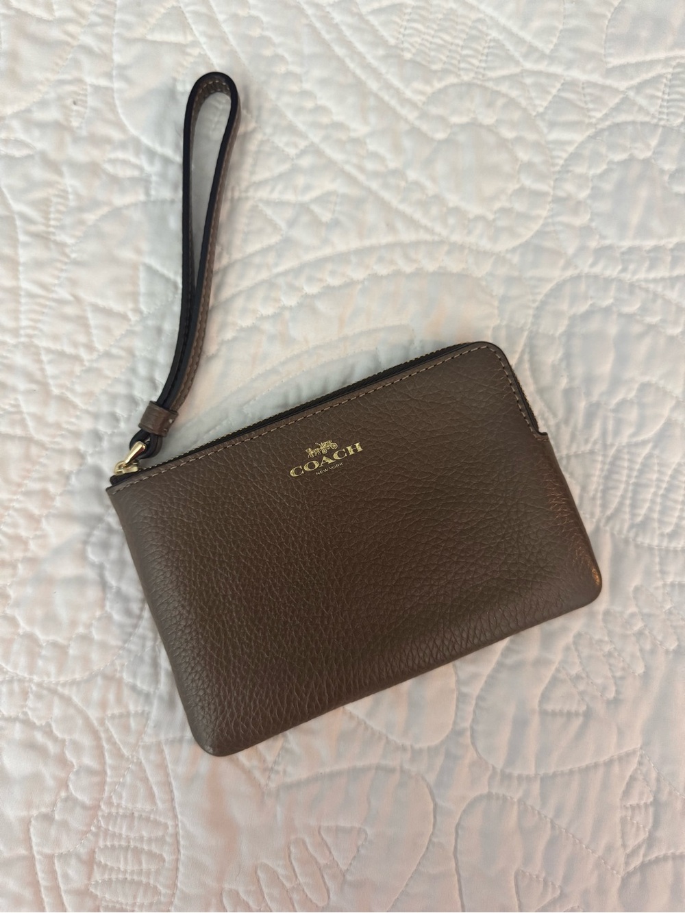 Coach Dark Brown Leather Wristlet with Gold Logo